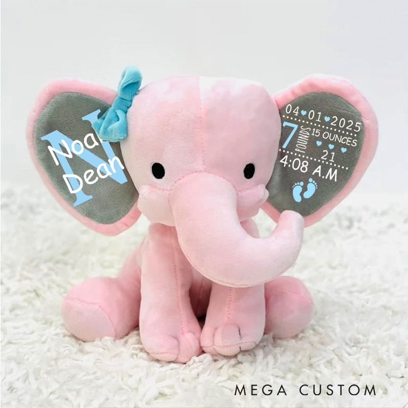 Personalized Baby Name Birth Details with Hearts and Footprints for a Cherished Memory Elephant Keepsake