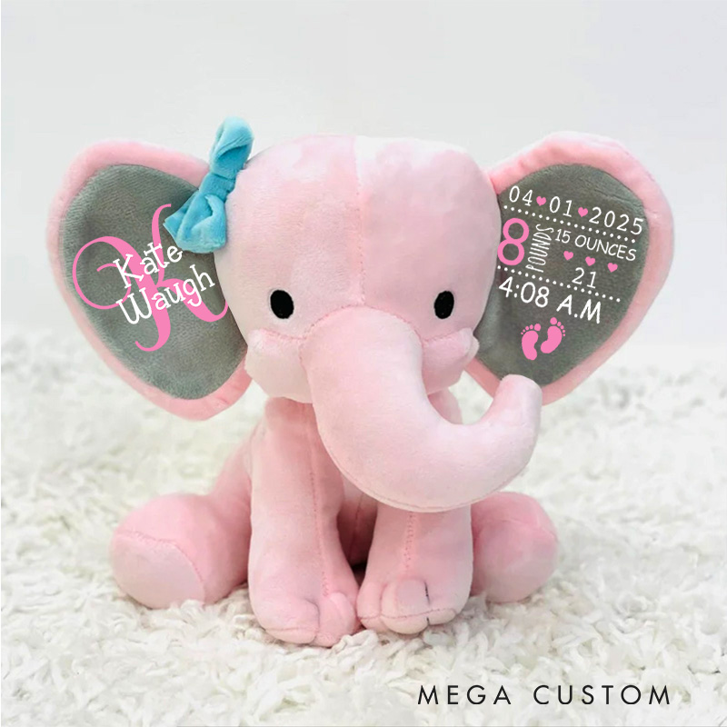 Personalized Adorable Birth Toy Highlighting with Delicate Hearts and Footprints Elephant Keepsake