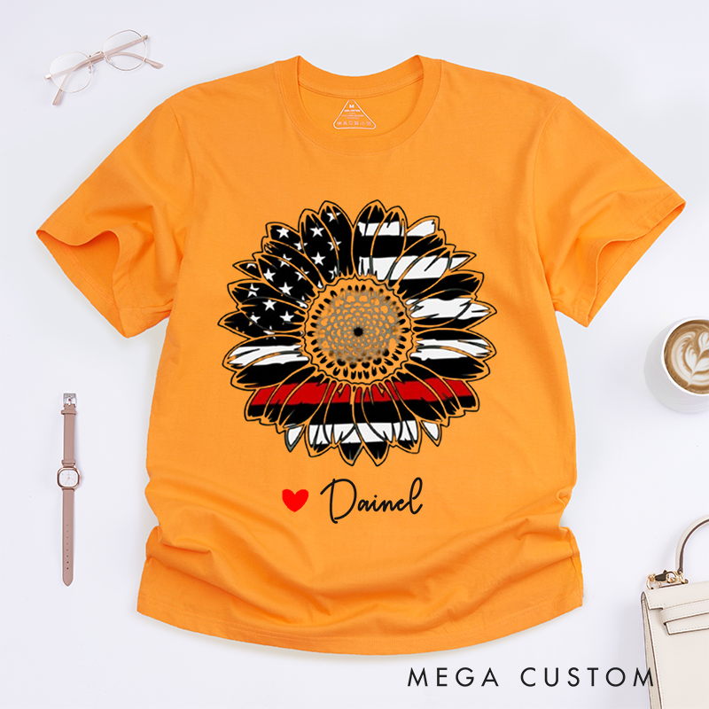 Personalized Firefighter Love and Firefighter Themed Sunflower Custom Design Gift for Firefighter Gift for Fireman Wife Girlfriend T-Shirt