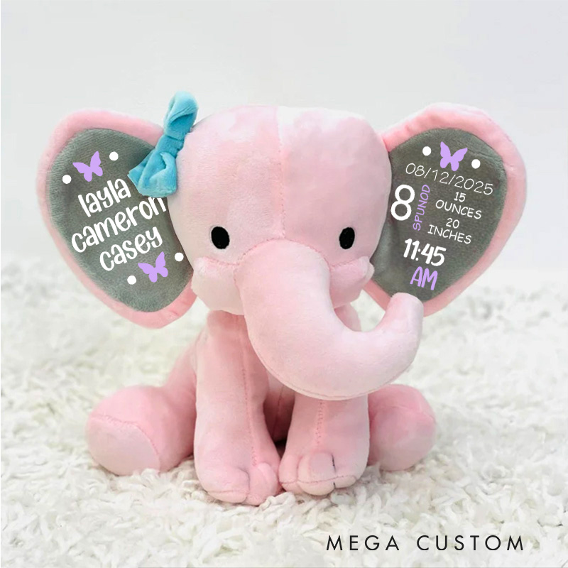 Personalized Baby Keepsake with Birth Stats Displayed on Cute Elephant Ears and Butterfly Design Elephant Keepsake Gift for New Baby