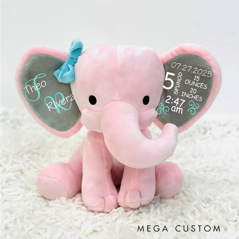Personalized Themed Elephant Toy Displaying Baby Birth Stats with Aqua Swirls and Details Elephant Keepsake Baby Gift