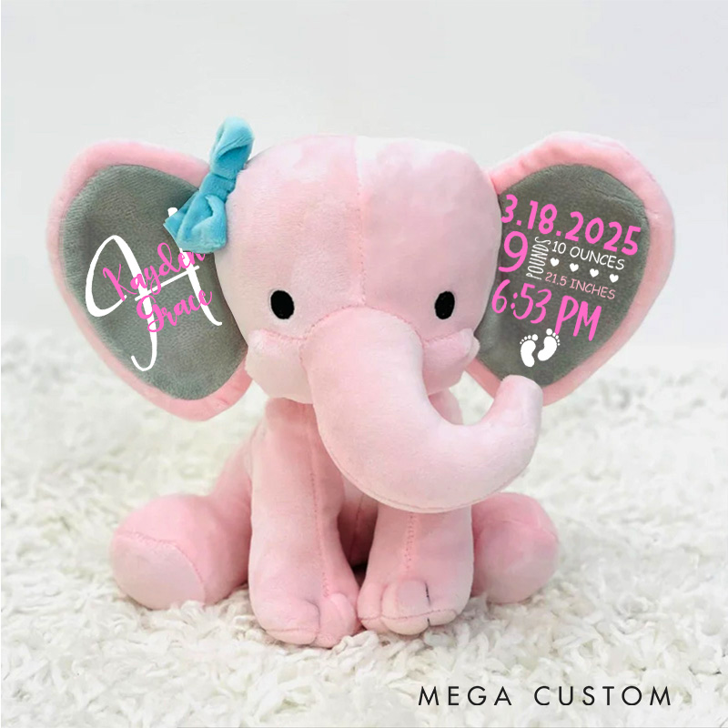 Personalized Dark Themed Elephant Toy Baby Birth Stats with Pink Highlights and Footprint Motifs Elephant Keepsake