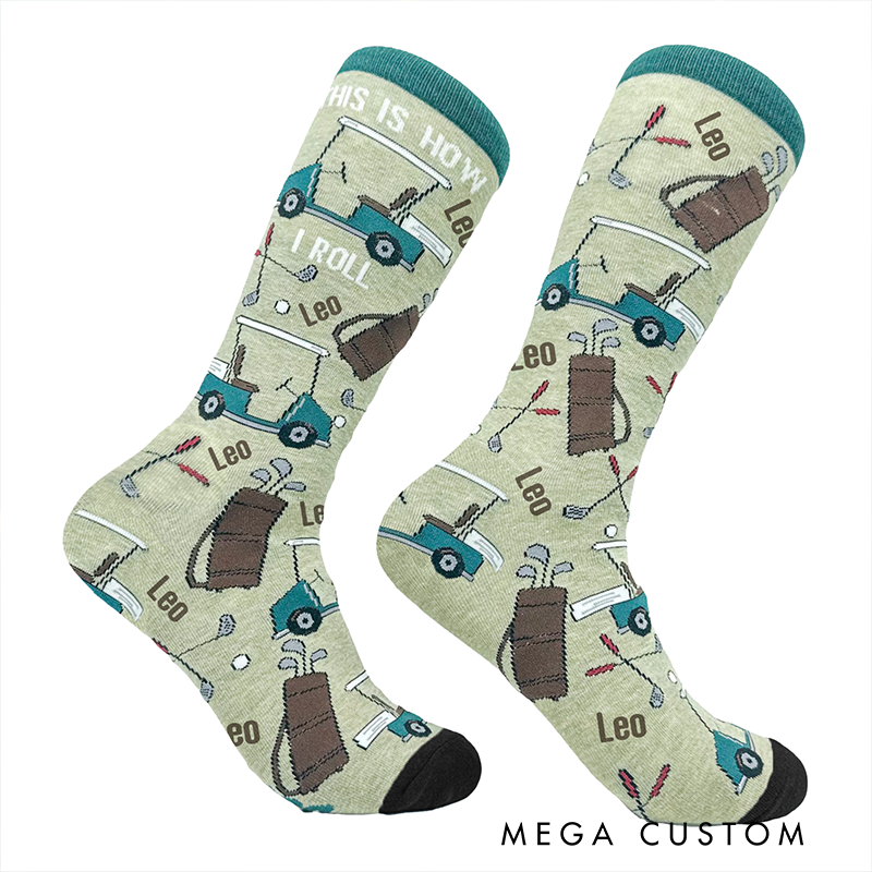 Personalized Golf Themed Crew Socks with Custom Name Golf Cart and Fun Sports Design