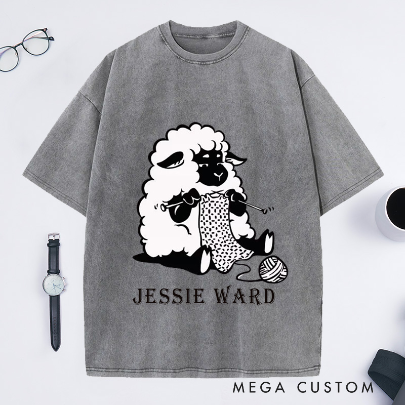 Personalized Sheep Graphic Washed T-Shirts Funny Crochet Shirts Knitting Gifts Crafter Vneck Shirts Cute Crocheting Clothing