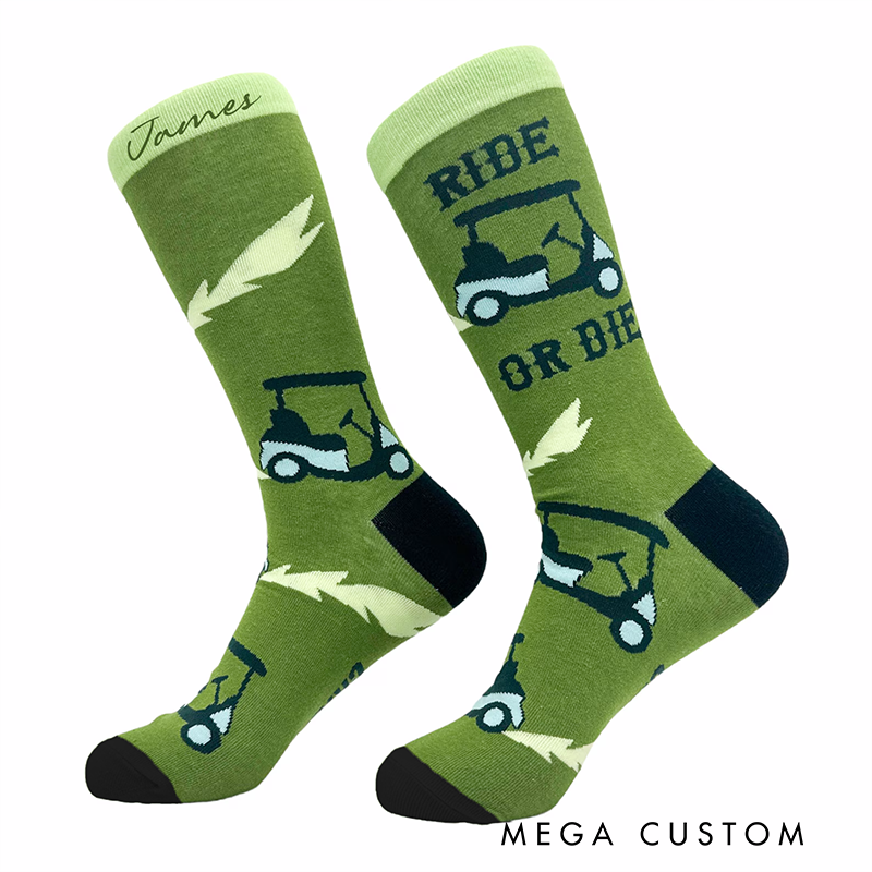 Personalized Golf Themed Crew Socks with Custom Name Fun Ride or Die Golf Cart Design and Comfortable Fit