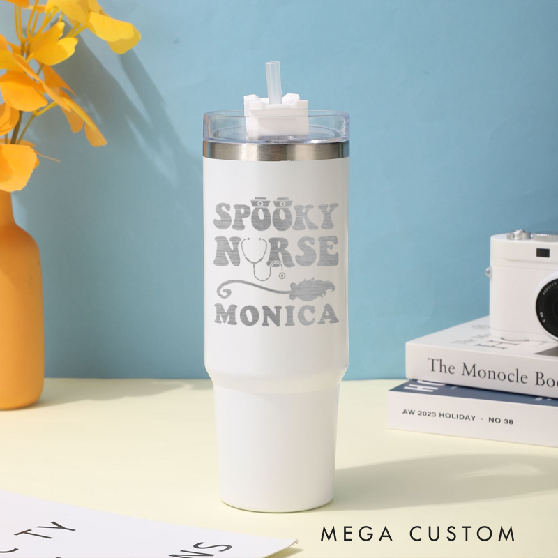Personalized Tumbler Gift for Nurse Custom Spooky Nurse Design Tumbler Insulated Steel Laser Engraved Tumbler Gift