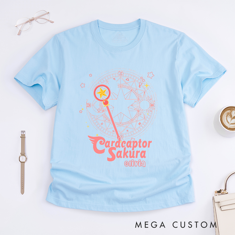 Personalized Magical Staff Star Design Classic T-Shirts Custom Unisex Shirt with Celestial Pattern Unique Gift for Animanga Lovers Boys Girls 