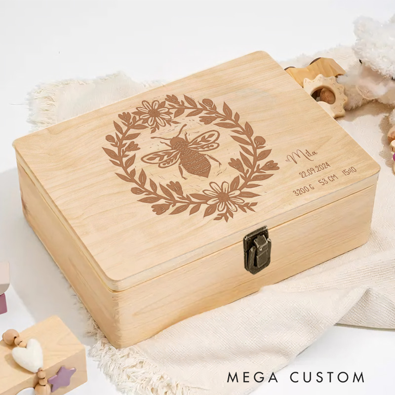 Personalized Bee Illustration with Floral Wreath Accents for Celebrating Special Moments Keepsake Memory Box
