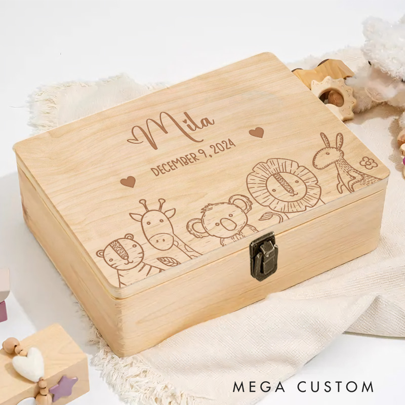 Personalized Animal Alphabet Illustration Featuring Whimsical Characters for Cherished Memories Keepsake Memory Box