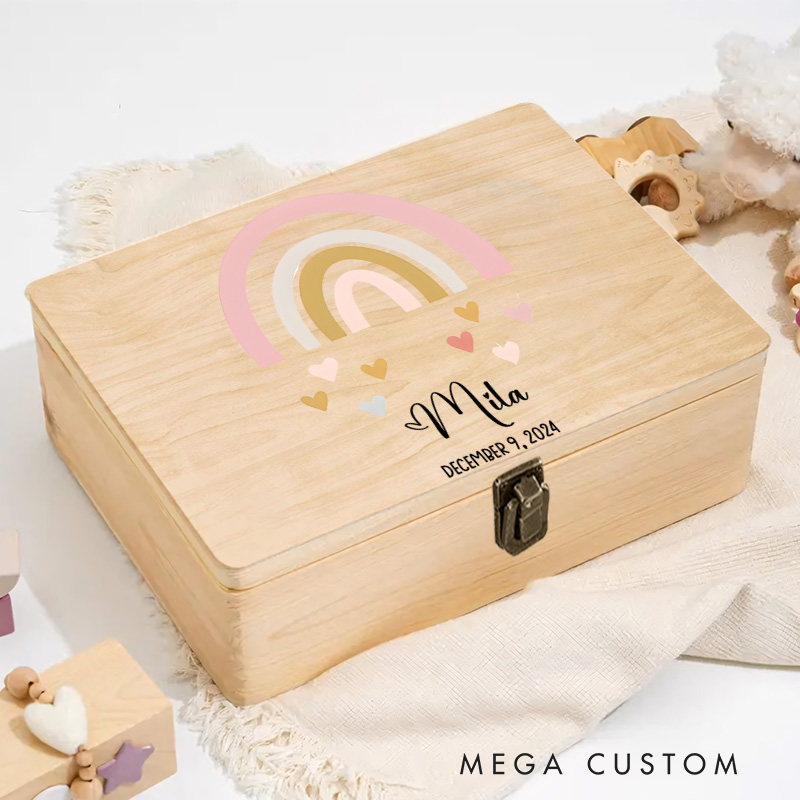 Personalized Pastel Rainbow Illustration with Heart Accents for Storing Precious Childhood Memories Keepsake Memory Box