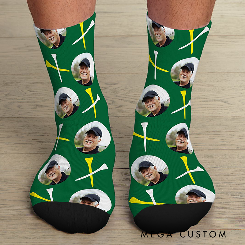Personalized Golf Themed Socks with Custom Face Photo Crossed Clubs Design and Comfortable Fit