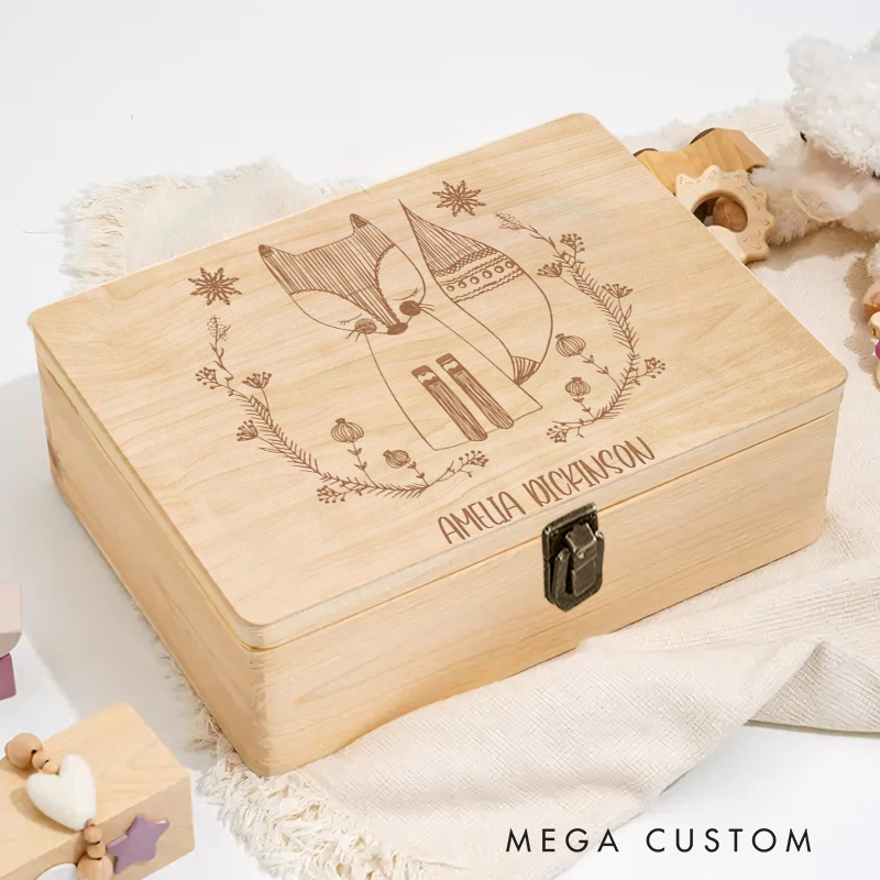Personalized Woodland Fox Illustration Surrounded by Floral Accents for Cherished Childhood Memories Keepsake Memory Box