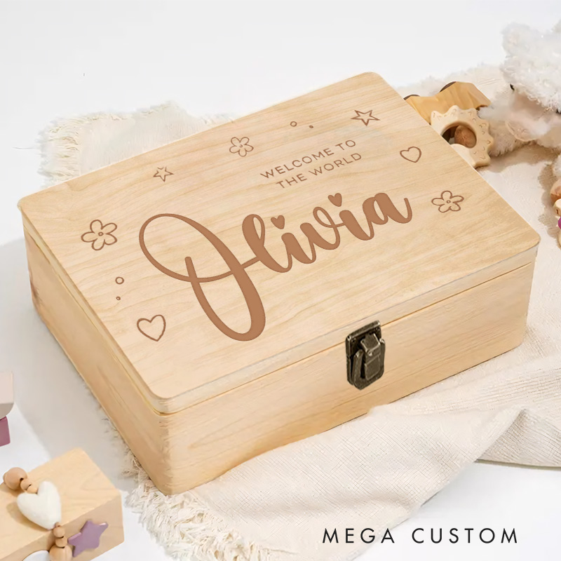 Personalized Welcome to the World Birth Announcement with Heart and Star Accents Keepsake Memory Box
