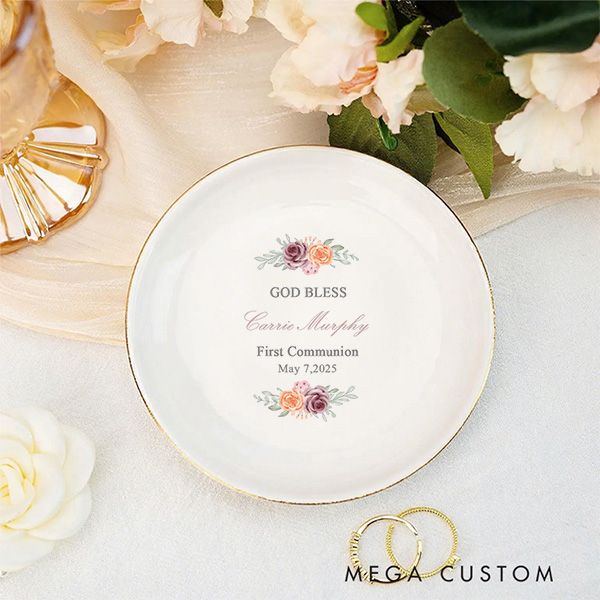 Personalized God Bless First Communion Ceramic Jewelry Dish with Name and Date Birthday Religious Baptism Gift for Kids