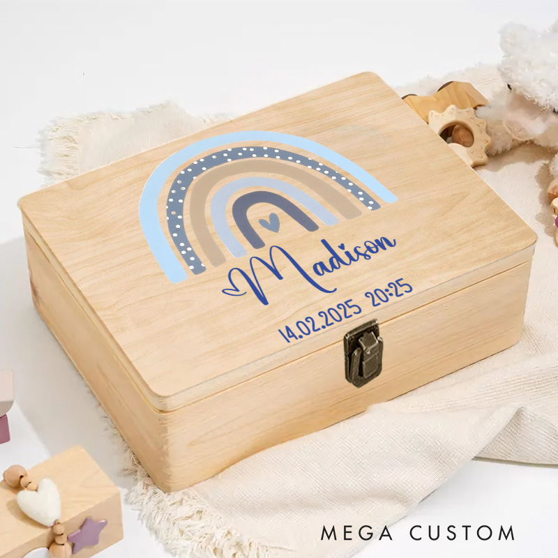 Personalized Earthy Rainbow Illustration with Heart Accents and Baby Details for Storing Precious Childhood Memories Keepsake Memory Box