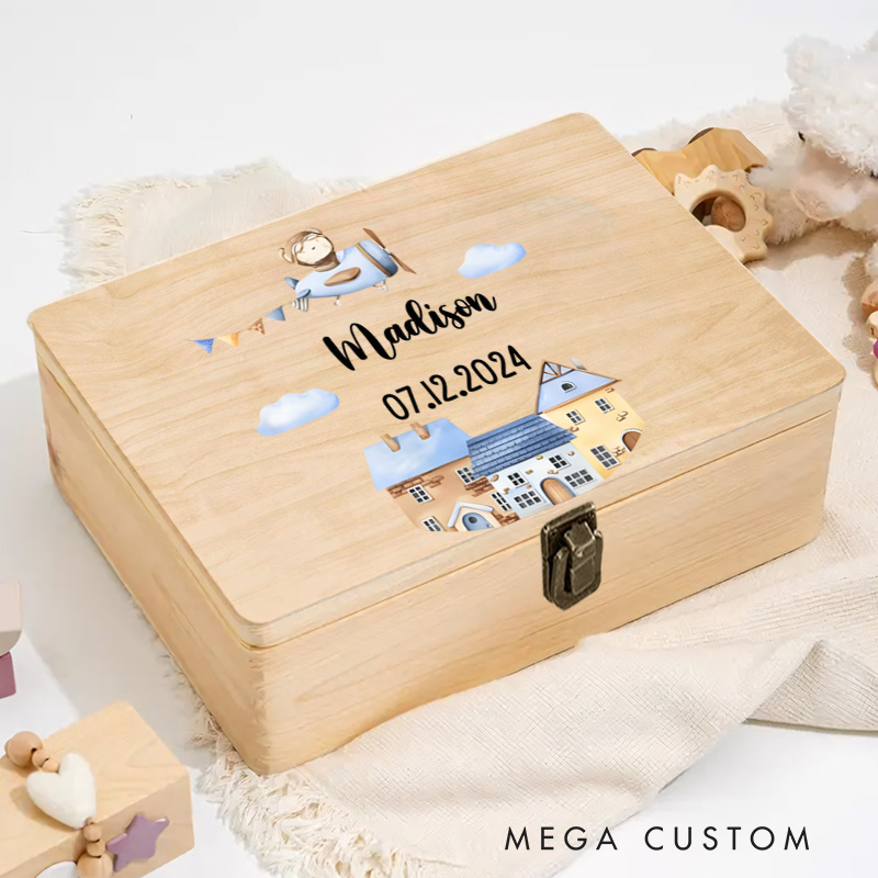 Personalized Airplane Illustration with Scenic Background for Storing Precious Childhood Keepsakes Keepsake Memory Box