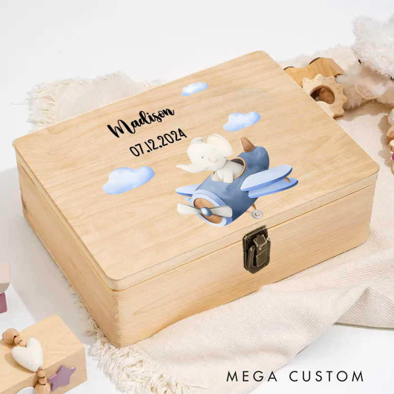 Personalized Airplane and Cloud Illustration with Playful Accents for Cherished Baby Memories Keepsake Memory Box