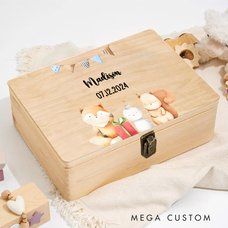 Personalized Woodland Animal Illustration Featuring Fox and Squirrel Characters for Treasured Memories Keepsake Memory Box