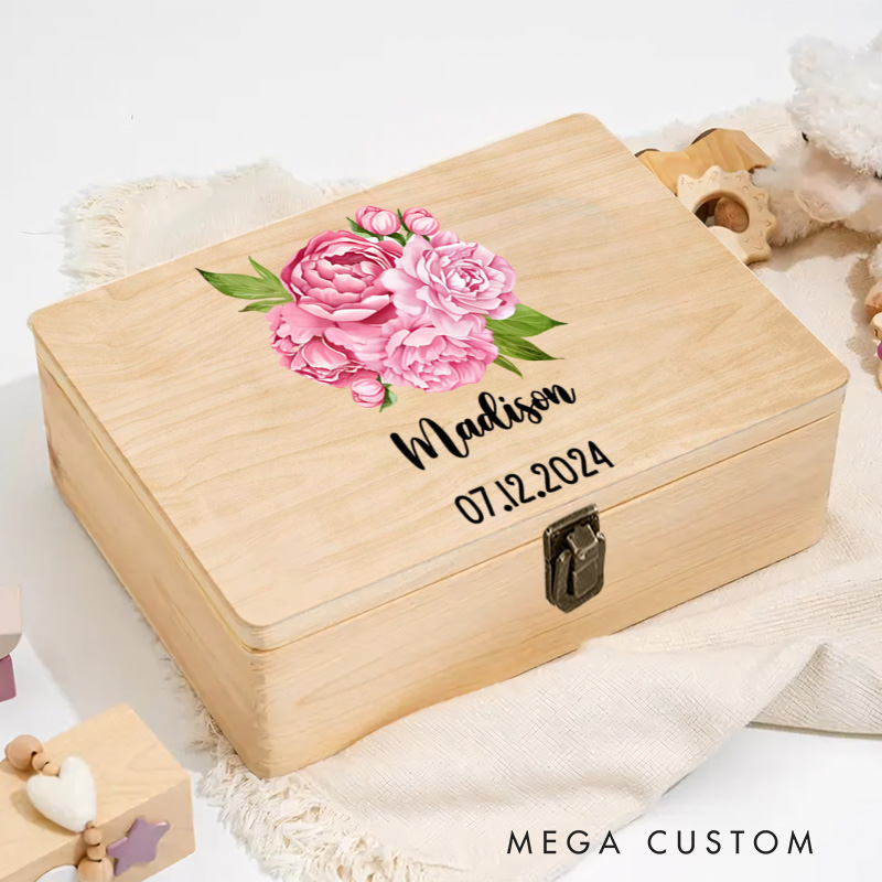 Personalized Pink Floral Illustration Featuring Peonies and Greenery for Cherished Childhood Memories Keepsake Memory Box