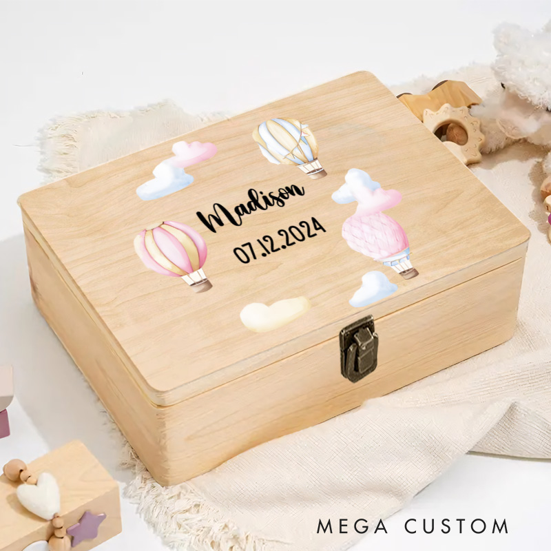 Personalized Hot Air Balloon Illustration with Cloud Accents for Storing Treasured Baby Memories Keepsake Memory Box