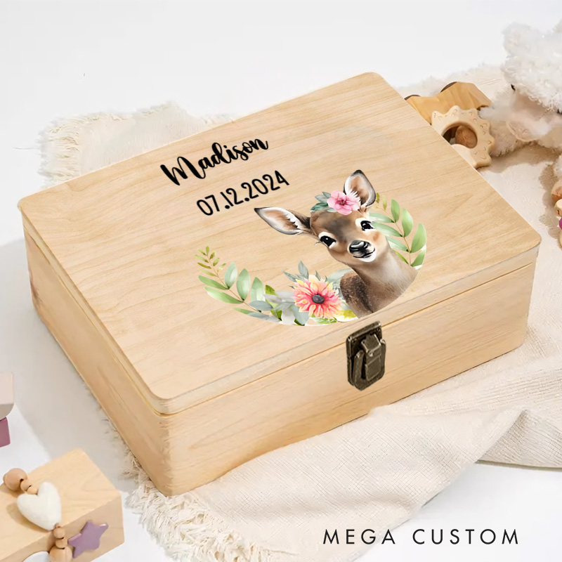 Personalized Baby Deer Illustration Surrounded by Floral Accents for Celebrating Special Childhood Moments Keepsake Memory Box