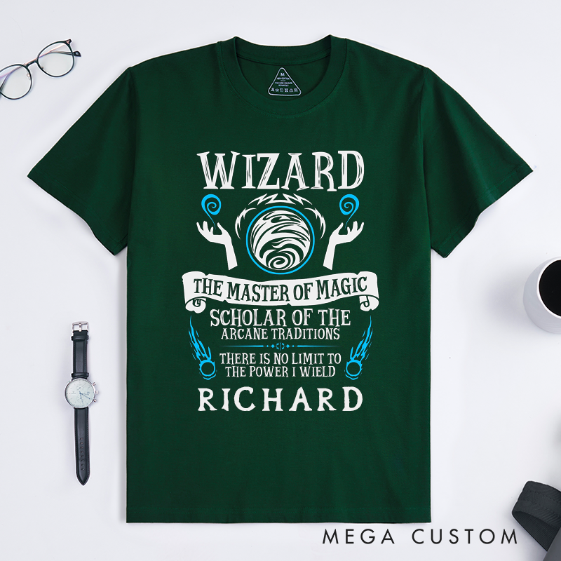 Personalized Wizard T Shirt Custom Name Magic Masterpower Scholar of Arcane Traditions Unique Gift for Fantasy Lovers for Him or Her Classic TShirt