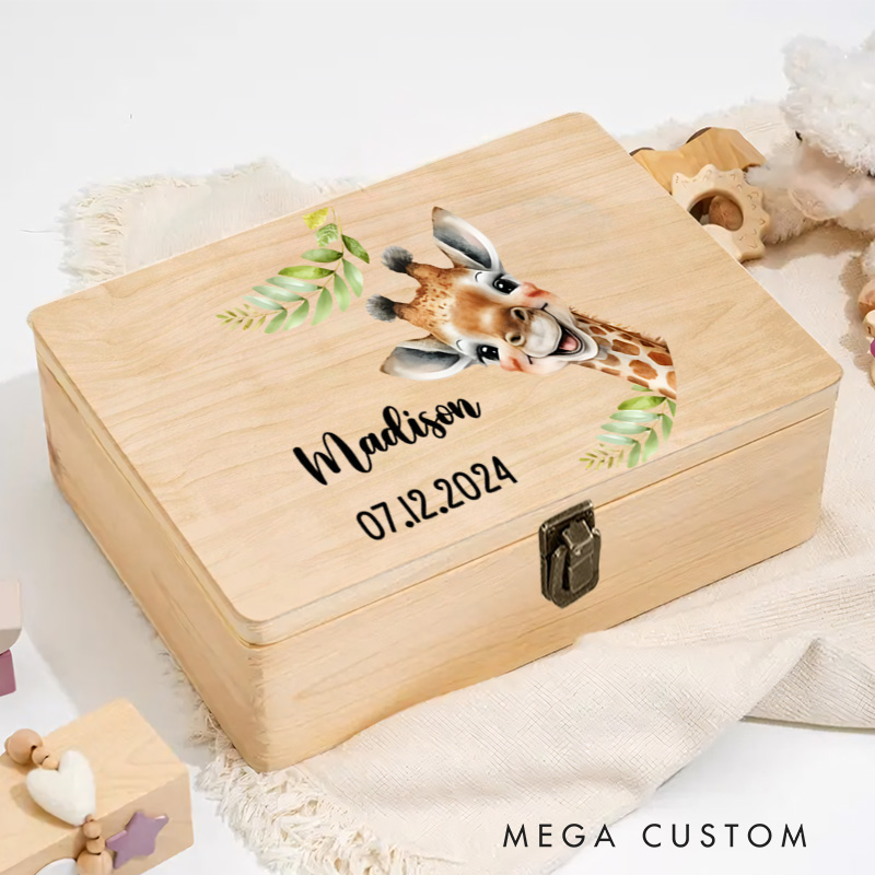 Personalized Giraffe Illustration with Floral and Greenery Accents for Cherished Baby Memories Keepsake Memory Box