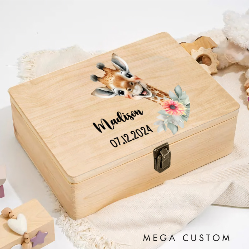 Personalized Baby Giraffe Illustration with Playful Floral Details for Storing Precious Childhood Keepsakes Keepsake Memory Box