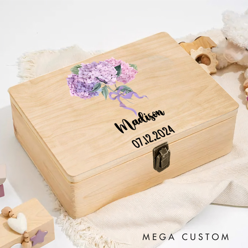 Personalized Hydrangea Floral Illustration Featuring Pastel Colors for Treasured Moments and Memories Keepsake Memory Box