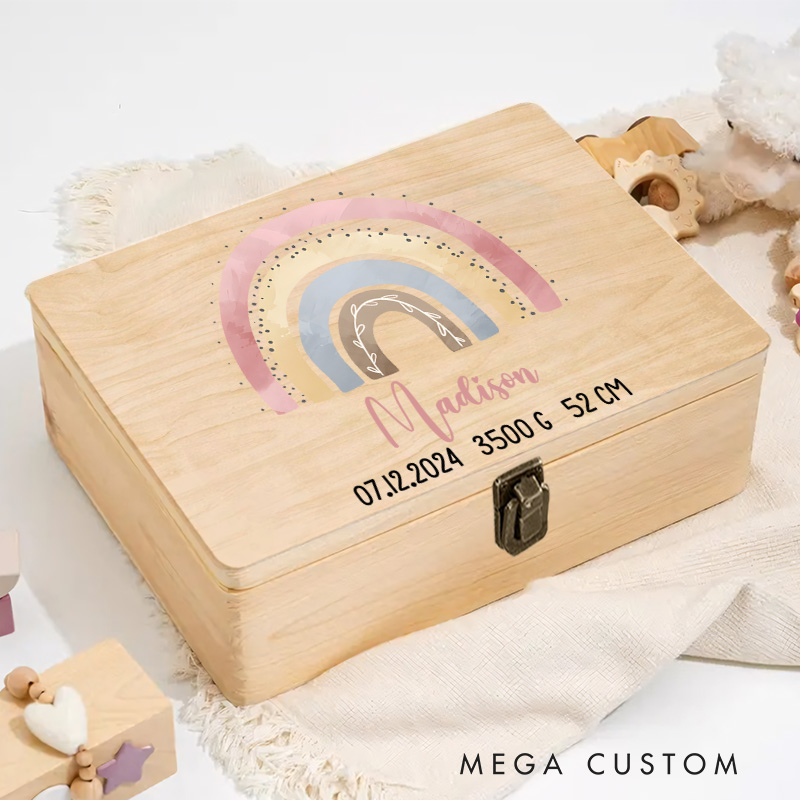Personalized Pastel Rainbow Illustration with Whimsical Accents for Celebrating Special Childhood Memories Keepsake Memory Box