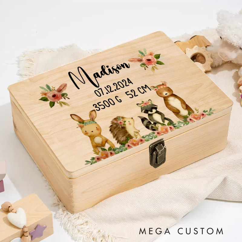 Personalized Woodland Animal Illustration Featuring Fox Hedgehog and Squirrel with Floral Accents Keepsake Memory Box