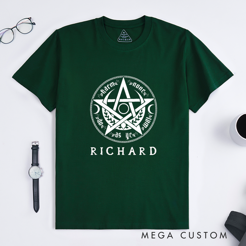 Personalized Wiccan Pentagram T Shirt Classic Witchcraft Protection Symbol Gift for Men and Women Spiritual Pagan Clothing Custom Name Present