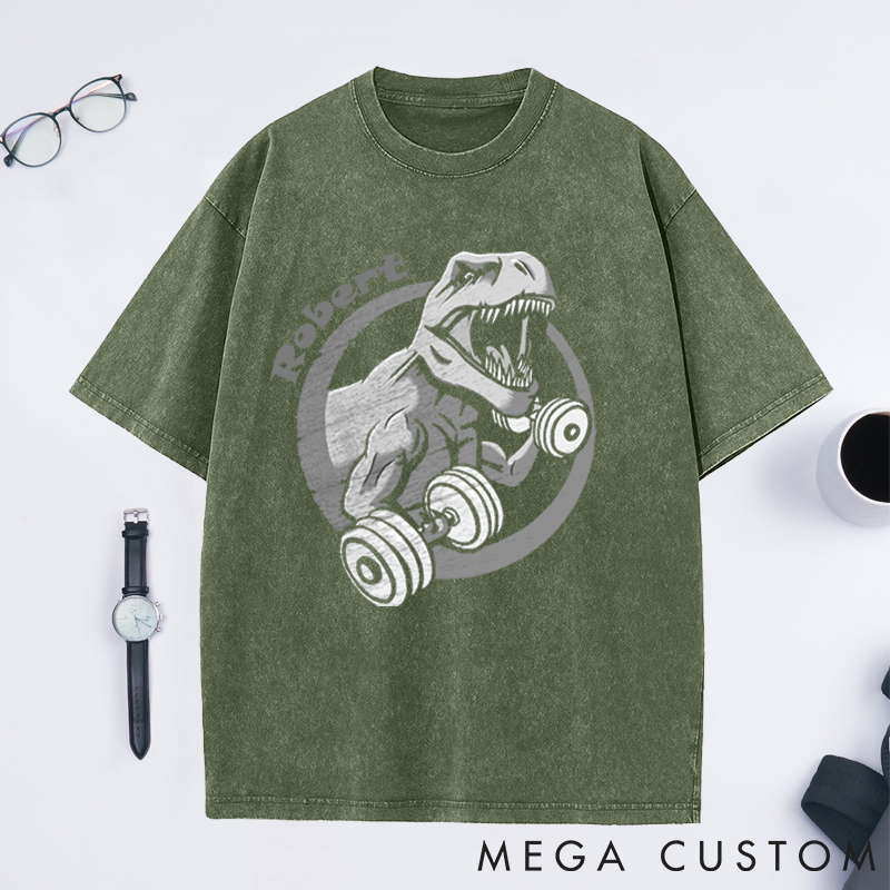 Personalized Gym Washed T-Shirts with Fierce T Rex Lifting Dumbbells Design for Fitness Enthusiasts Bodybuilders and Gym Lovers