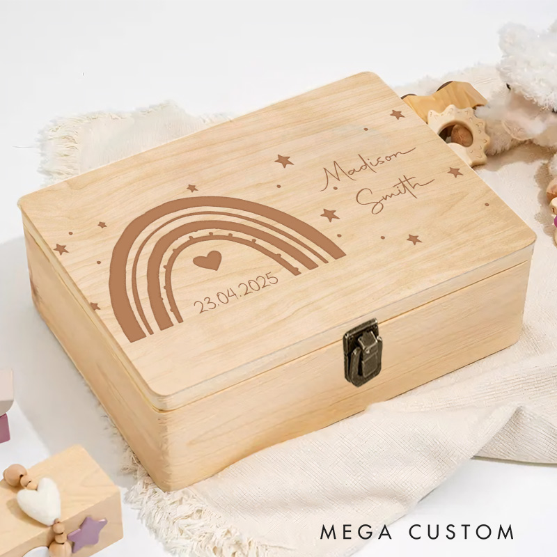 Personalized Pastel Rainbow Illustration with Star and Heart Accents for Storing Precious Baby Memories Keepsake Memory Box