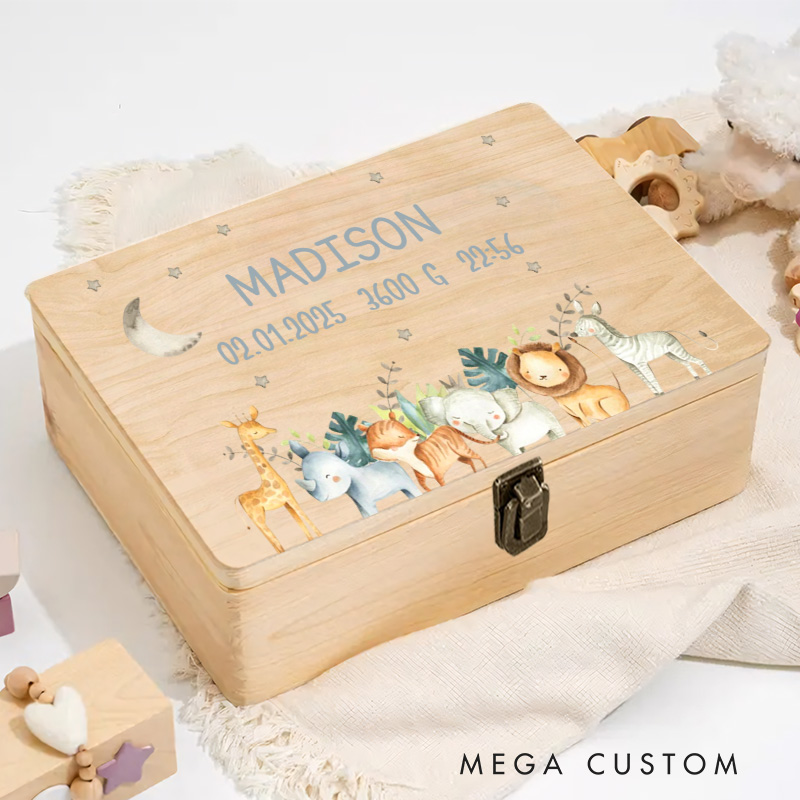 Personalized Animal Parade Illustration Featuring Moon and Nature Accents for Treasured Baby Memories Keepsake Memory Box