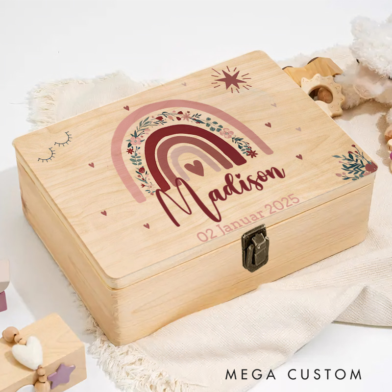 Personalized Earthy Rainbow Illustration with Whimsical Star and Floral Accents for Special Memories Keepsake Memory Box