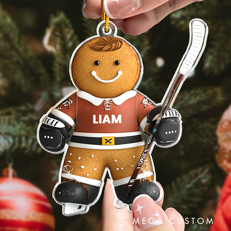 Personalized Gingerbread Hockey Player Christmas Ornament with Custom Name and Festive Design for Holiday Decorations
