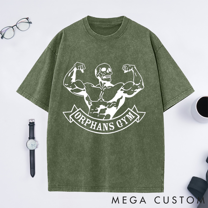 Personalized Gym Washed T-Shirts with Bold Skeleton Bodybuilder Design for Fitness Enthusiasts Bodybuilders and Gym Lovers