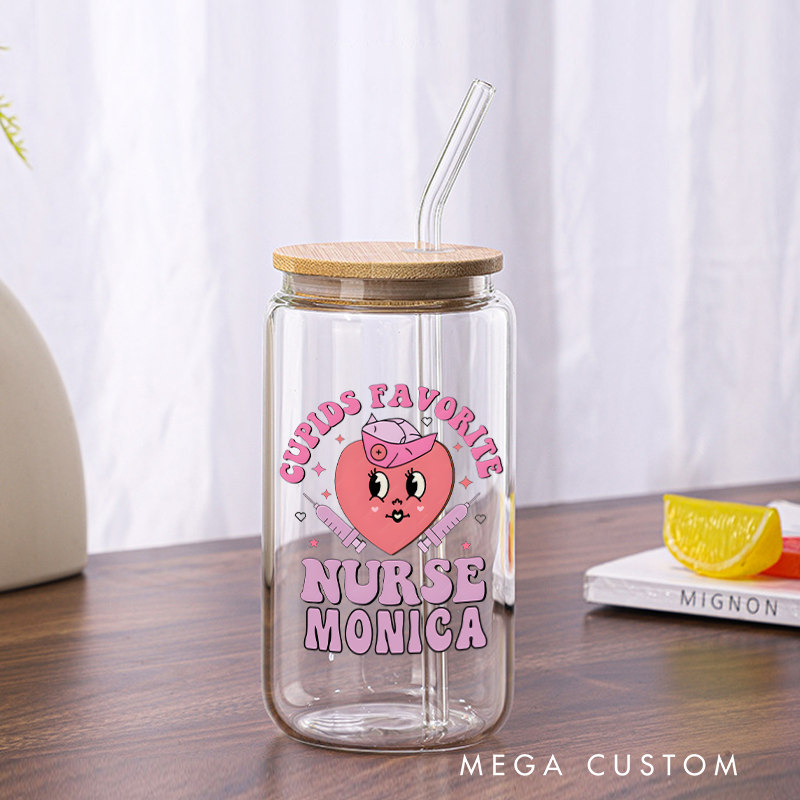 Personalized Nurse Tumbler with Lid and Straw Cupid's Favorite Nurse Design Custom Glass Coffee Cup 