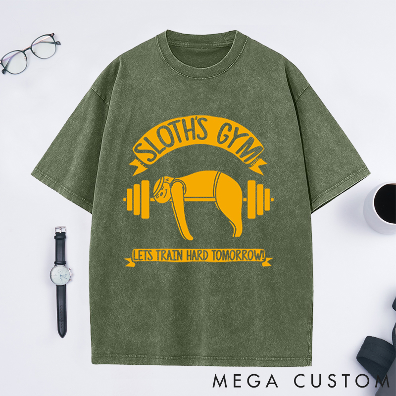 Personalized Gym Washed T-Shirts with Funny Sloth Lifting Barbell Design for Fitness Enthusiasts Bodybuilders and Gym Lovers