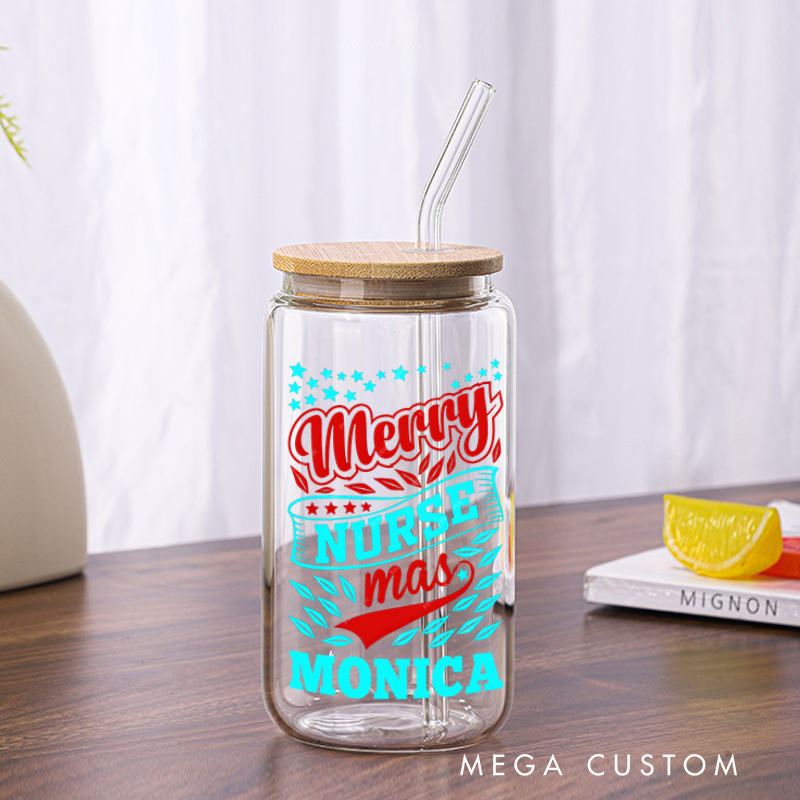Personalized Nurse Tumbler with Lid and Straw Merry Nurse-mas Design Custom Glass Coffee Cup 