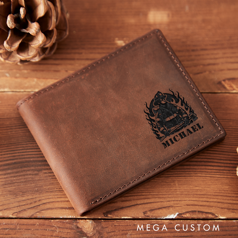 Personalized Engraved Leather Wallet for Firefighter Firefighter in Flames Design Gift for Fireman