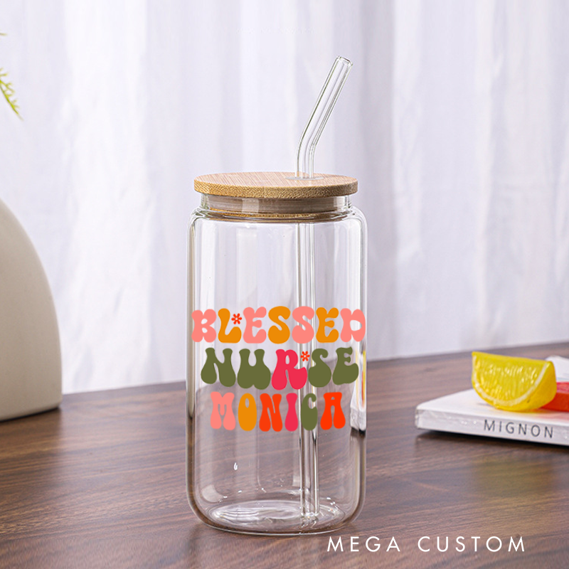 Personalized Nurse Tumbler with Lid and Straw Blessed Nurse Design Custom Glass Coffee Cup 