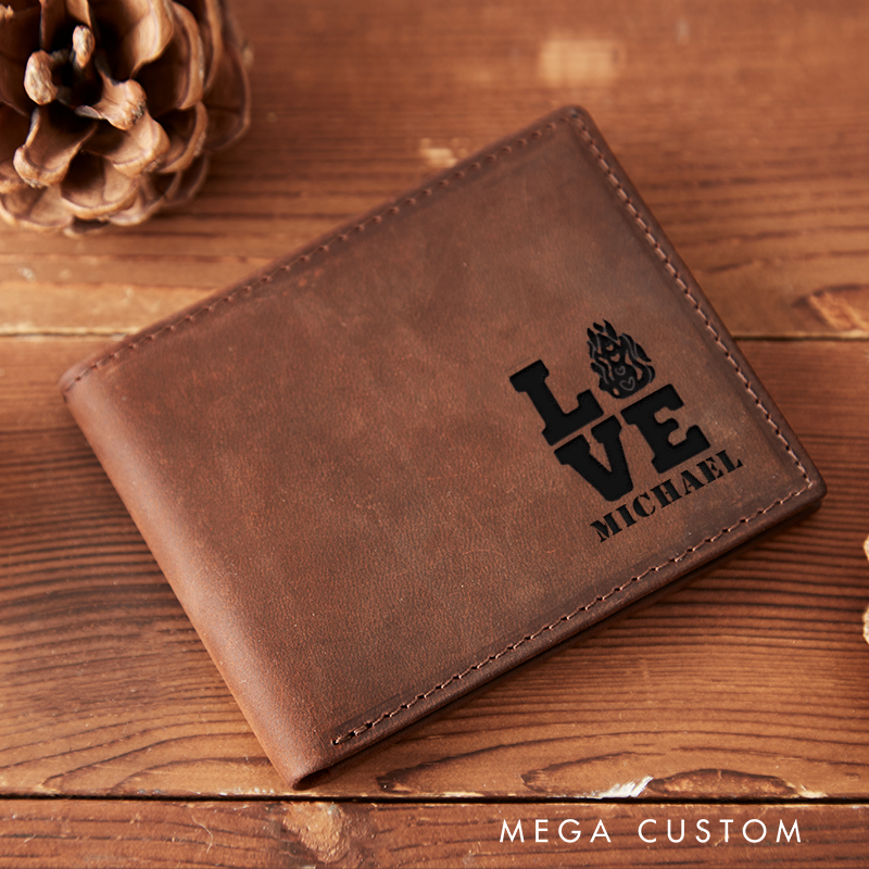 Personalized Engraved Leather Wallet for Firefighter LOVE with Fire Design Gift for Fireman