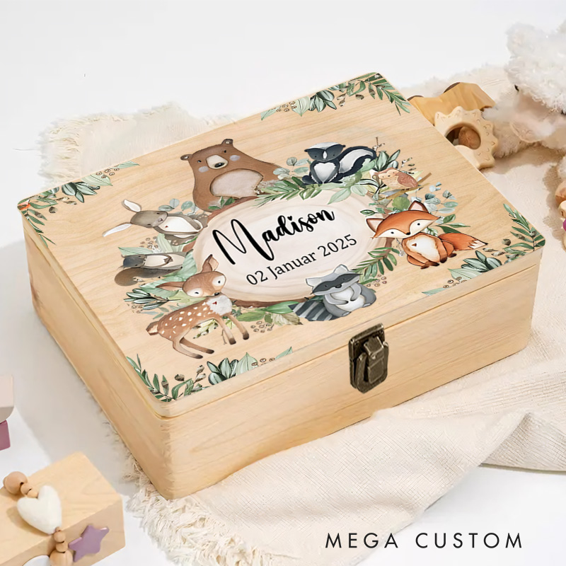 Personalized Woodland Animal Illustration Featuring Fox Bear and Rabbit with Baby Details for Precious Keepsakes Keepsake Memory Box