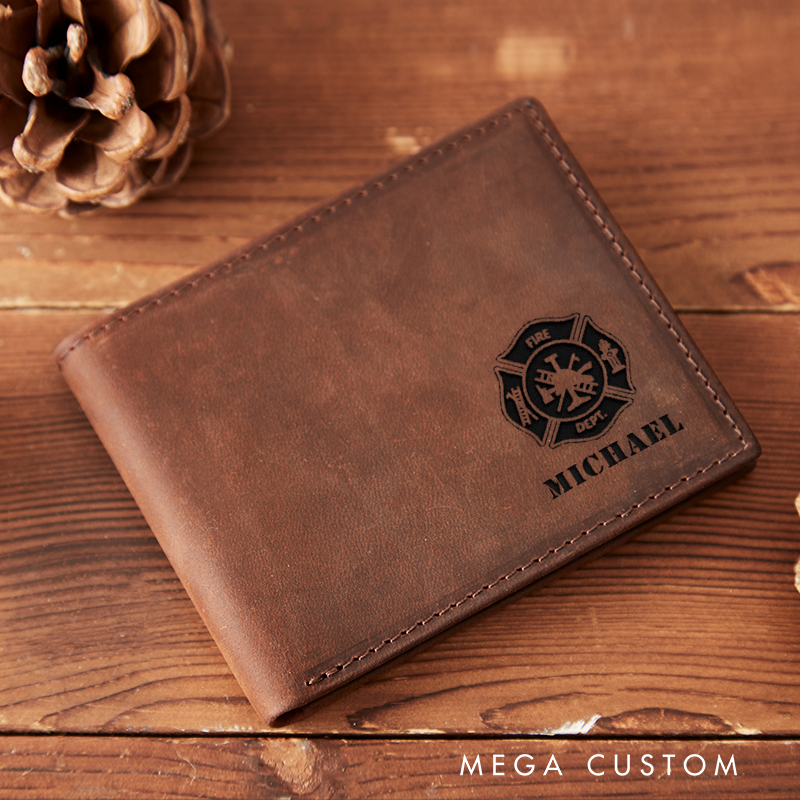 Personalized Engraved Leather Wallet for Firefighter Fire Department Emblem Design Gift for Fireman