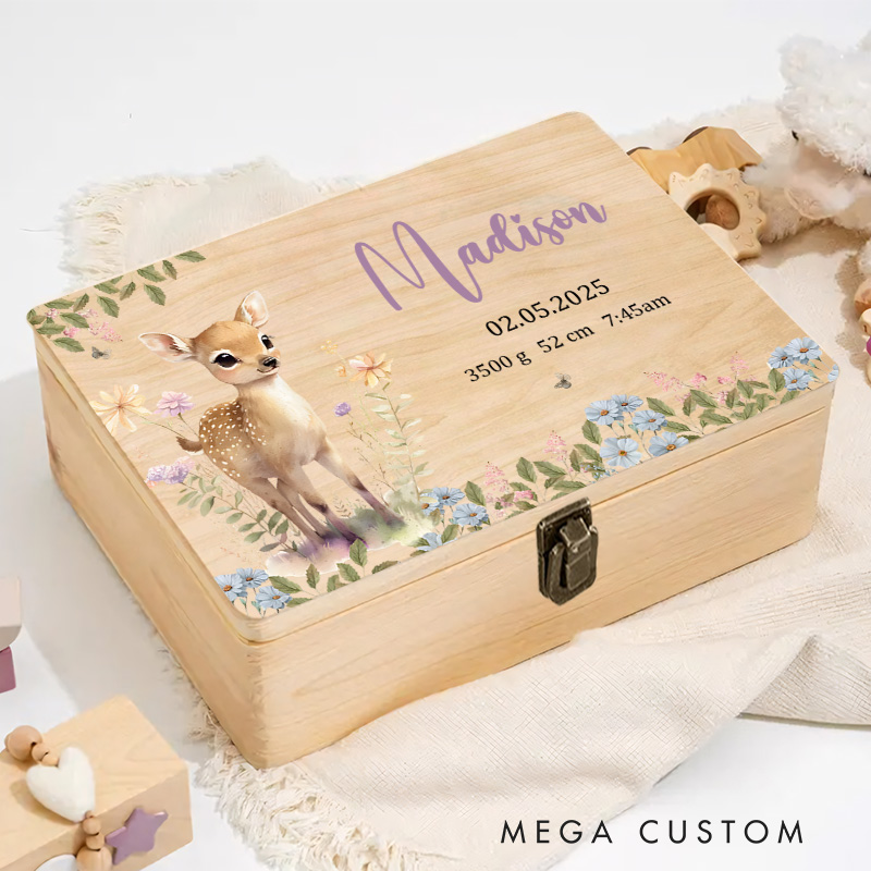 Personalized Baby Deer Illustration Surrounded by Delicate Floral Accents for Storing Cherished Childhood Memories Keepsake Memory Box