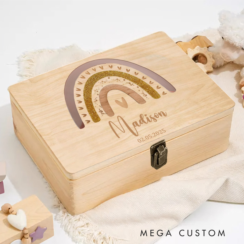 Personalized Earthy Rainbow Illustration Featuring Heart and Decorative Patterns for Treasured Baby Keepsakes Keepsake Memory Box
