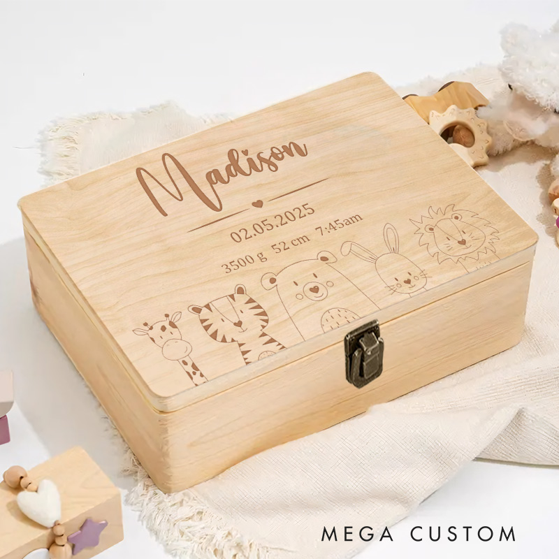 Personalized Minimalist Animal Illustration Featuring Tiger Owl Rabbit and Lion for Celebrating Childhood Memories Keepsake Memory Box