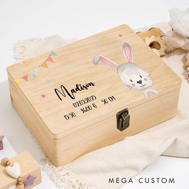 Personalized Rabbit Illustration with Birth Details Featuring Playful Bunting for Cherished Childhood Memories Keepsake Memory Box